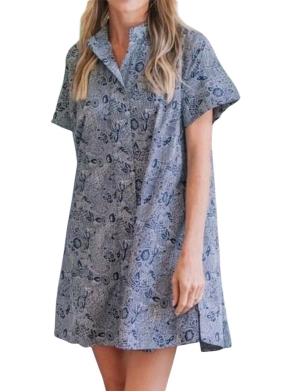 Julia Amory Twiggy Dress S Floral Block Print 100% Cotton Button Up Blue White